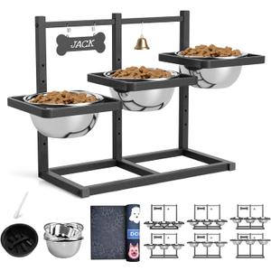 Elevated Dog Bowls for Large Dogs, 6 Height Adjustable Raised Stand with Mat, Slow Feeding Bowl and Three 1700ML Bowls, for Large Breed and Multi-Pet Households