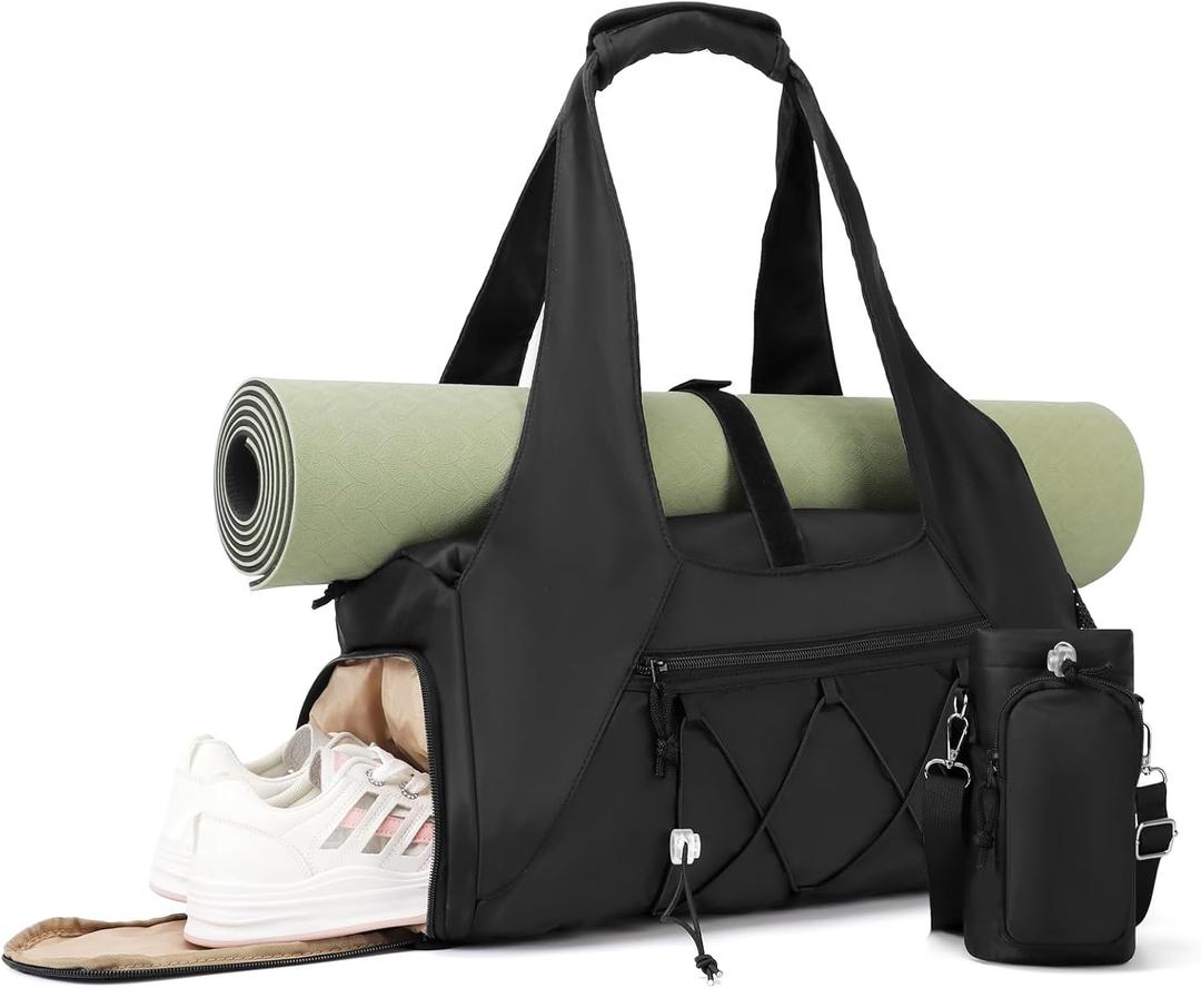 Gym Bag for Women, Yoga Mat Bag with Shoe Compartment and Wet Pocket, Sport Yoga Gym Bag with Yoga Strap, Carryall Yoga Tote Bag (Black)