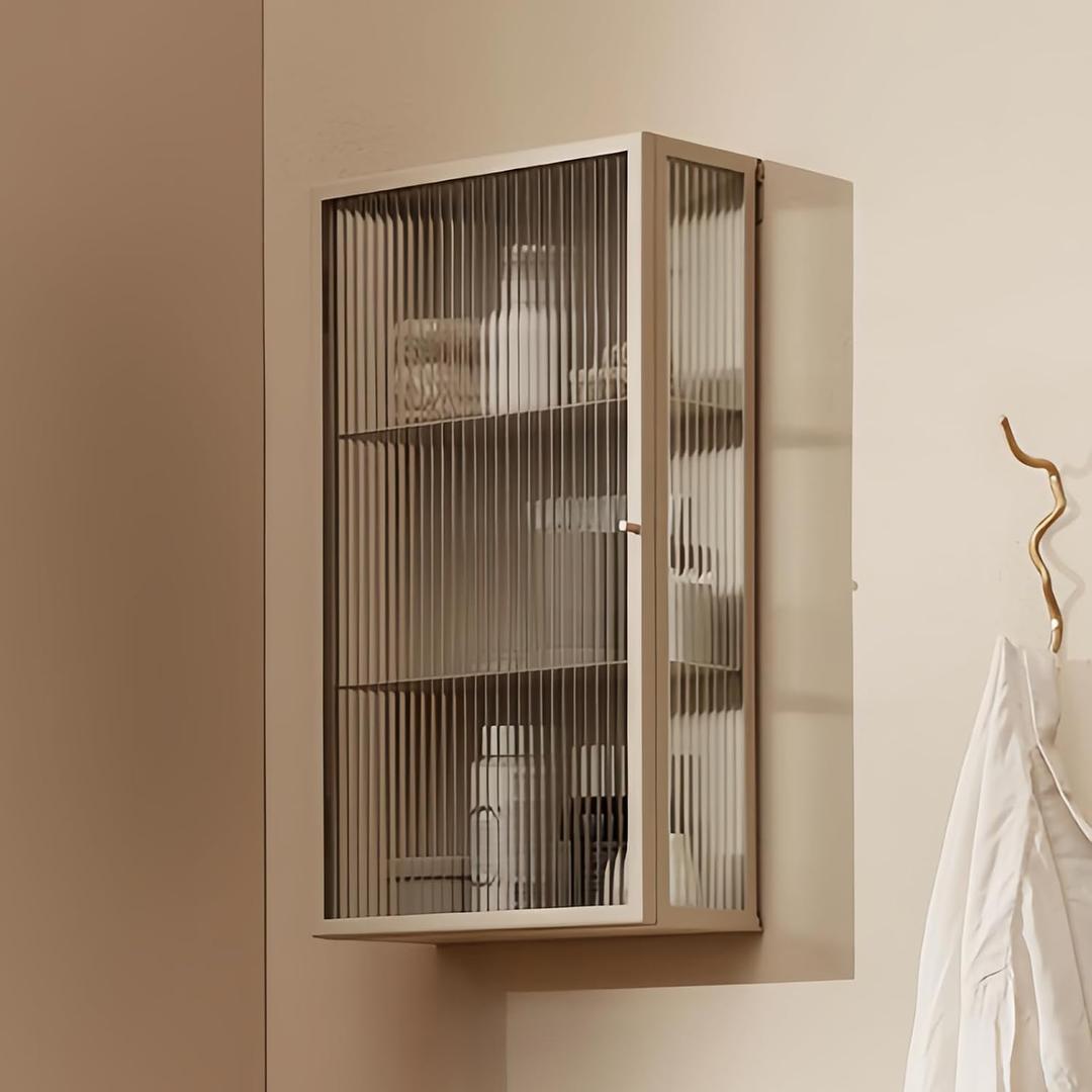 Bathroom Wall Cabinet 14 Inch Over The Toilet Metal Storage Cabinet with Glass Door, Wall Mounted Medicine Cabinet for Bathroom Laundry Room Bedroom (Beige, 23.6x13.8x6IN)