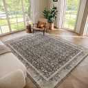 Washable Area Rugs for Living Room, Boho Non-Slip Vintage Distress Large Rugs for Bedroom Dining Room Office, Neutral Oriental Throw Thin Carpet, Black/Brown/Multi