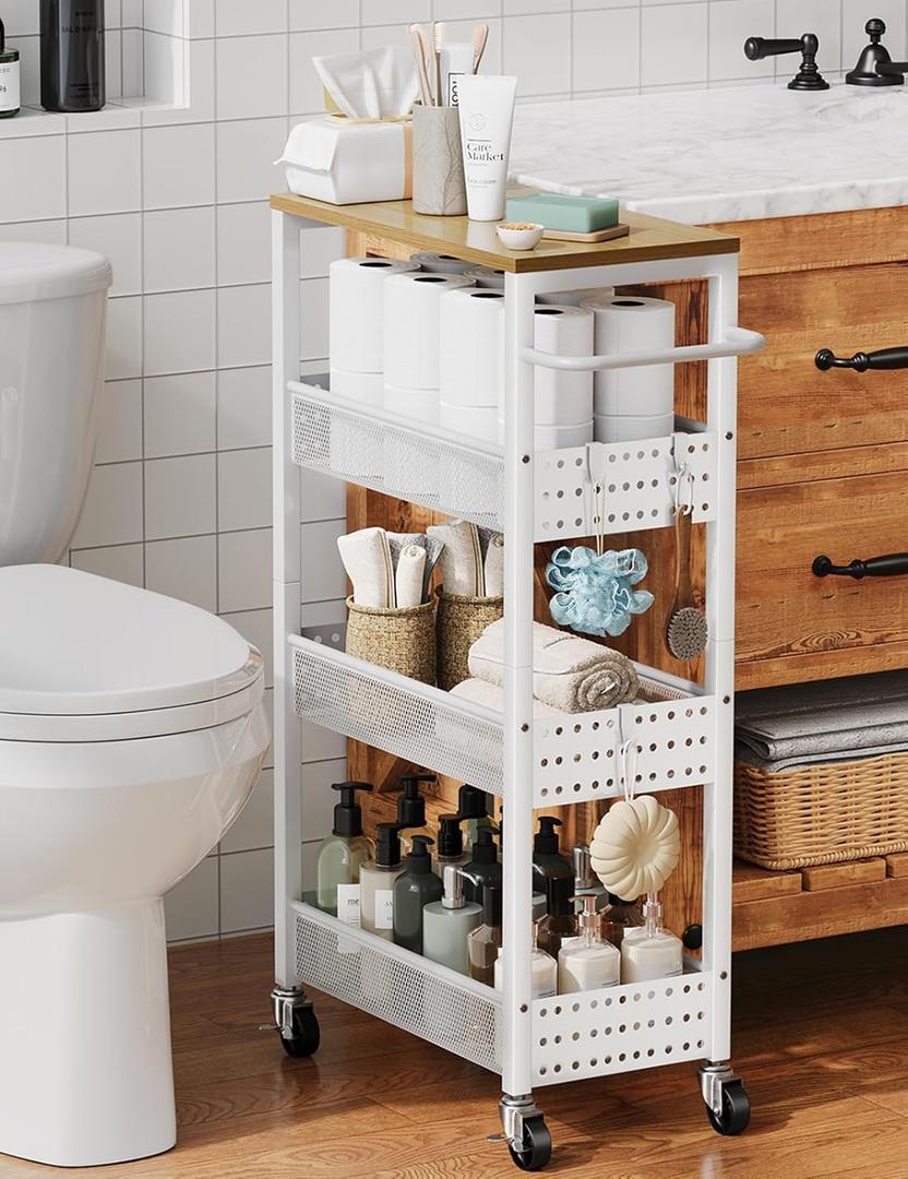 Utility Slim Storage Cart, 4-Tier Narrow Bathroom Organizers and Storage Cart, Narrow Metal Kitchen Laundry Room Organization Shelf with Wood Top, Slim Rolling Carts with Wheels for Small Space (Top: 9.1 | Max Width: 10.3, Light White)