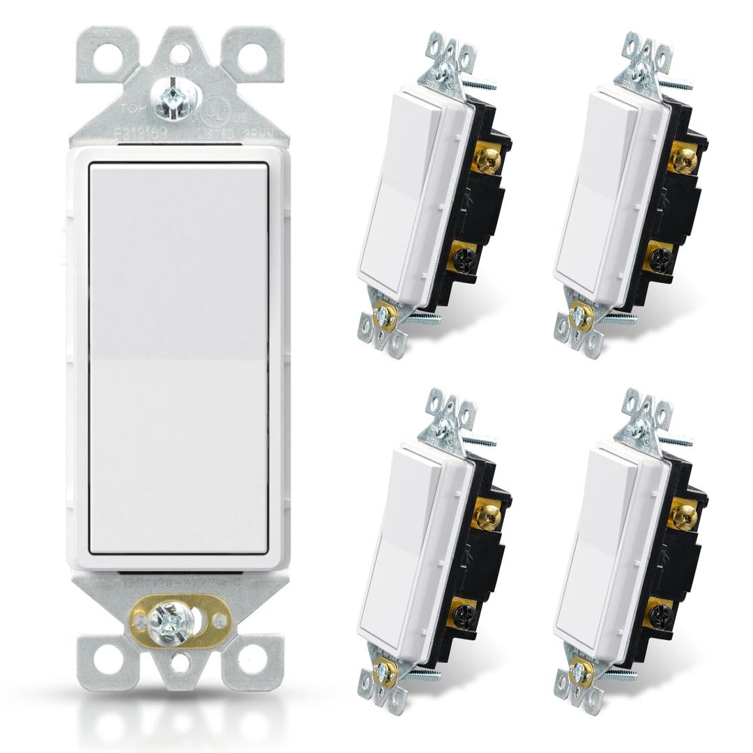 ELEGRP Matte White 3 Way Decorative Light Switch, 15Amp, 120-277 Volt, AC Decors Rocker Paddle Wall Switch Replacement, Self-Grounding, Residential and Commercial Grade, UL Listed (5 Pack) (Without Wall Plate)
