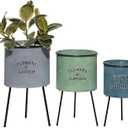 Deco 79 Metal Indoor Outdoor Planter Large Planter Pot with Flowers And Garden Text and Black Tripod Legs, Set of 3 Planters 20", 18", 16"H, Multi Colored