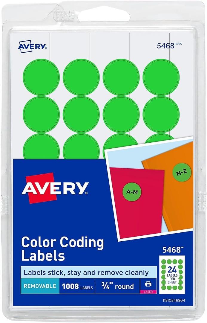 Avery 05468 Removable Round Labels, 3/4-Inch Diameter, Neon Green, 1008 Labels/PK