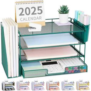 OPNICE Desk Organizer, 4-Tier Desktop File Organizer with Drawer and 2 Pen Holders, Office Desk Accessories, File Sorters, Workspace Organizers for Office Supplies(Dark Green)