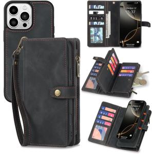 TwoHead Wallet Case Compatible with iPhone 16 Pro,Detachable Magnetic Phone Case,PU Leather All-Round Protective Case Wallet with Card Holder/Change Pocket,6.3 in,Black