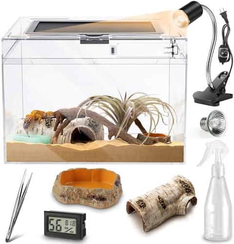Reptile PC Terrarium,Anti Breakage 19.5x9.4x10.5 in Amphibians Tank Starter Kits,Top Sliding Door Gecko Starter Screen Ventilation Mini Habitat Cages,Hygrometer Thermometer,Hide Cave,Tweezer,Sprayer