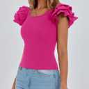 PRETTYGARDEN Women's Ruffle Short Sleeve Shirts 2025 Summer Casual Basic Tee Cute Fitted Crew Neck Fashion Tops Clothes (Red, S)