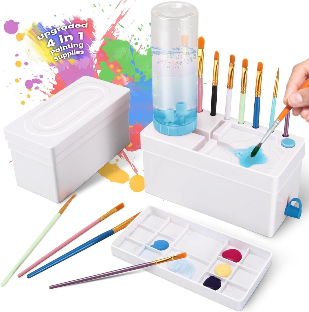Paint Brush Cleaner, Upgraded 4-in-1 Painting Supplies, Paints Brush Holder with Palette, Brushs Rinser for Acrylic, Watercolor, and Water-Based Paints, Drawing and Art supplies with Paint Tray (Blue)