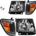 4Pcs Headlight Corner Light Assembly For 1997 1998 1999 2000 Toyota Tacoma Halogen Head Light Headlamp with Bulbs, Driver & Passenger Side Replace, Black Housing Amber Corner