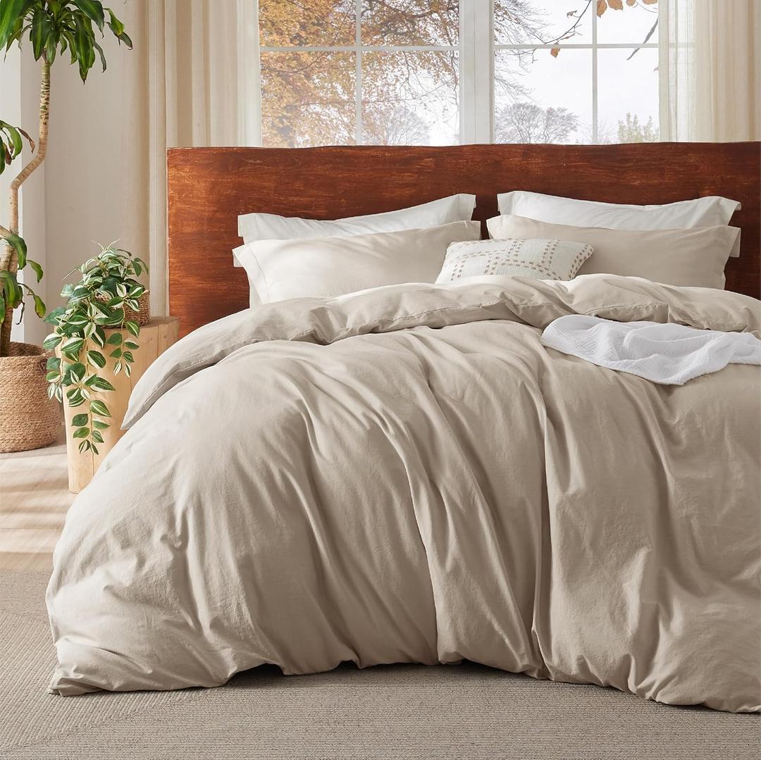 Bedsure 100% Washed Cotton Duvet Cover Queen Size - Greige Minimalist Cotton Duvet Cover Linen Like for All Seasons - GentleSoft Plain Simple Bedding, 3 Pieces (Greige, Queen, 90"x90")