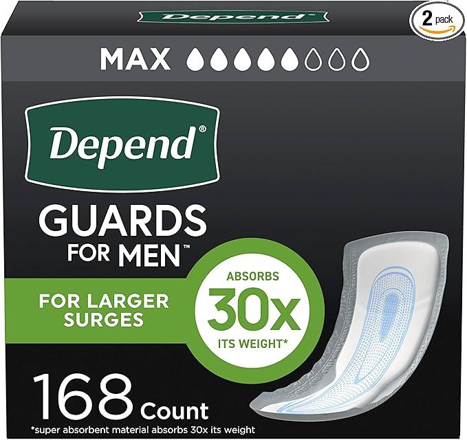 Depend Guards Incontinence Pads for Men, Maximum Absorbency, 168 Count (2 Packs of 84), Packaging May Vary