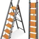 WOA WOA Step Ladder 6 Step Folding, Foldable Tall Ladder with Handrail, Aluminum Stepladder for High Ceilings, Lightweight, Deep Pedals, Anti-Slip Feet, Capacity 300 lbs - Black & Wood Grain