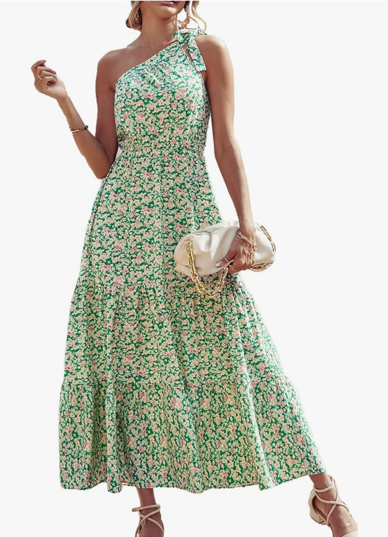 PRETTYGARDEN Women's Summer Floral One Shoulder Maxi Dress Knot Ruffle Boho Beach Vacation Wedding Guest Long Dresses M