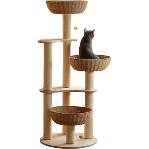 54" Modern Cat Tree for Large Cats, Wood Luxury Multi-Level Oak Solid Wood Cat Trees Cat Towers with 3 Rattan Weaving Cat Nests & Washable Cushions, Sisal Scratching Posts, for Indoor Cats-Lacquered