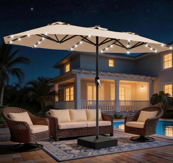 AreShark 15FT Outdoor Patio Umbrella with Crank, Large Rectangular Market Umbrella, Double-Sided Outdoor Umbrellas with Cross Base & Sandbag for Porch, Lawn, Pool, Backyard, Beige