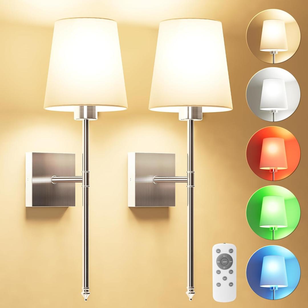 Battery Operated Wall Sconce Set of 2, Rechargeable Wall Lights with 5200 mAh Detachable Bulbs and Fabric Shade, 7 Color Dimmable Sconce Wall Decor for Bedroom, Living Room, Entryway (Silver)
