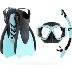 Cressi Traveler Set - Adult Snorkel Set Wide View Mask, Dry Top Snorkel and Fins - Comfortable and Light - Designed in Italy