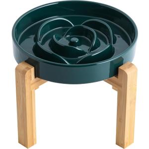 8.66 in Green Dog Bowl Ceramic Slow Feeder with Wood Stand for Small Medium Large Dogs, Elevated/Raised Slow Feeding Dog Dish to Slow Down Eating, Heavy Puppy Bowl for Fast Eaters