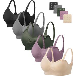 Angelhood Nursing Bra 5 Pack Womens Maternity Breastfeeding Bra Seamless Wireless Sleep Bra with Bra Extenders (Large, 5 Pack Multicoloured G)