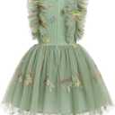 Girls Birthday Party Dress Ruffle Sleeve Sequin Dots Floral Tulle Princess Wedding Pageant Formal Bance Gown (Green,130)