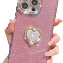Cute Compatible with iPhone 14 Plus 6.7 Inch Case, Bling Diamond + Glitter Card Cases with Love Heart Kickstand, Sparkly Camera Protection Soft Cases for Women Girls(Rose Gold)