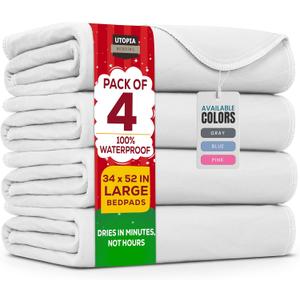 Utopia Bedding Washable Underpads 34" x 52" (Pack of 4), Waterproof Reusable Heavy Absorbency Incontinence Bed Pads for Adults, Kids, Elderly and Pets, Bedwetting Pads for Sofa and Couch (White)