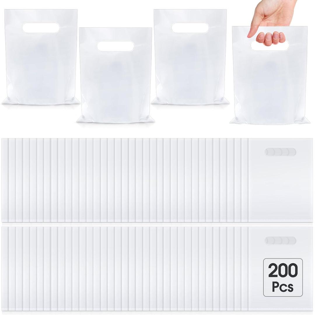 Janlaugh 200 Pcs 2.5 Mils White Small Plastic Bags for Business 6 x 8 in Reusable Thick Gift Bags Merchandise Shopping Bag with Handle Goodie Bag for Retail Glossy Boutique Treats Birthday Party
