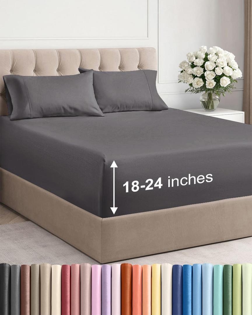 Extra Deep King Sheet Set - 4 Piece Breathable & Cooling Bed Sheets - Easily Fits 18 to 24 inch Mattress - Ultra Soft, Wrinkle & Fade Free with Extra Deep Pockets - Hotel Luxury Bedding - Dark Grey
