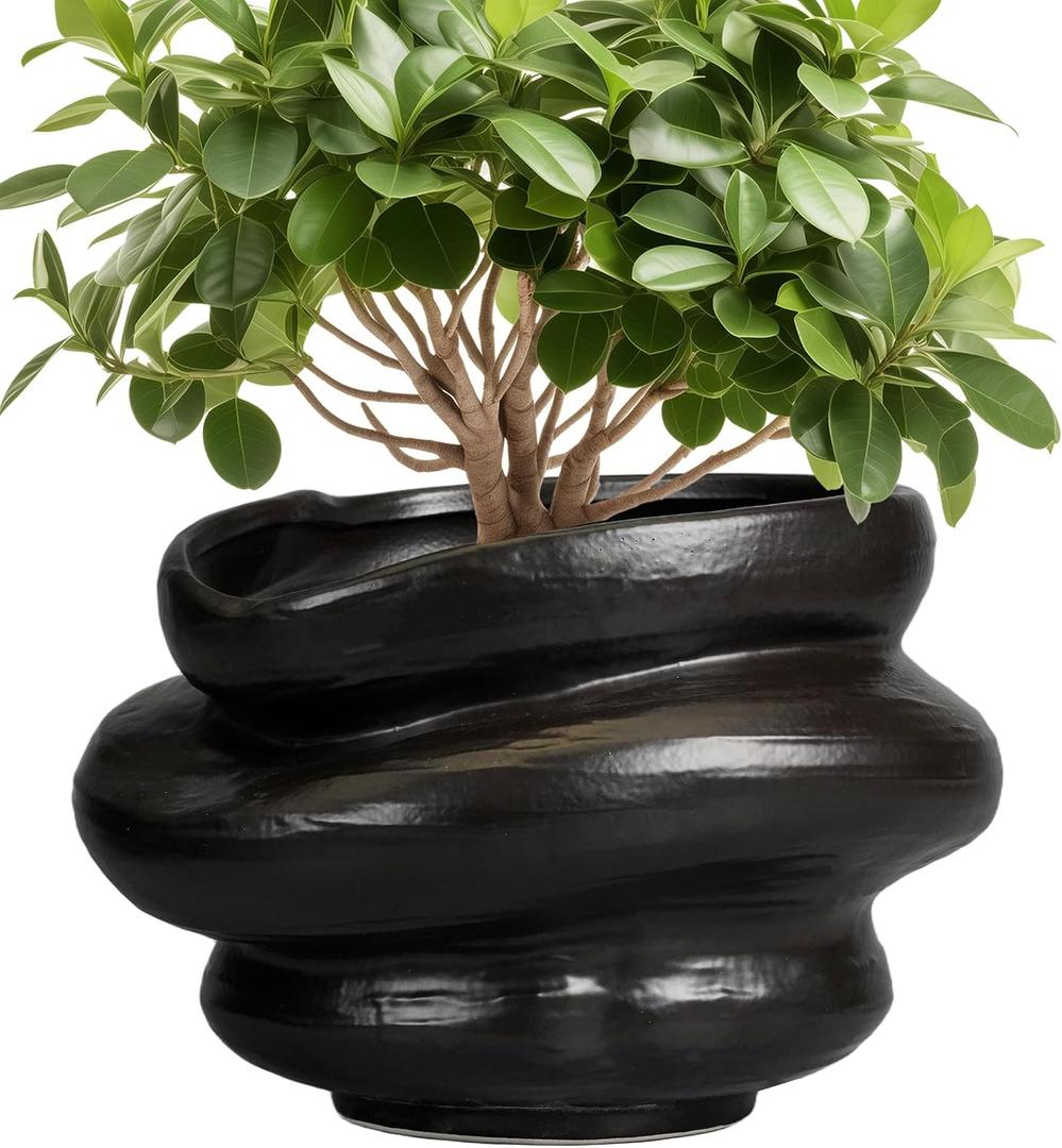Ceramic Pots for Plants 10.6 Inch - Bonsai Flower Pots for Indoor Plants with Drainage Hole, Decorative Outdoor Pot for Plant, Gift for Men Women, Black, 10.6 x 7.5 Inch