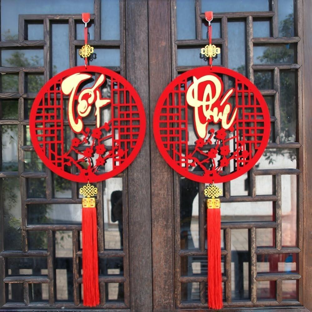 Vietnamese New Year Hanging Ornaments with Tassel, 2pcs Asian Lunar Year Pendants for 2026 Tết Việt NAM Décor, Red and Gold Lucky Wooden Charms Hanging Decorations for Door Wall Home Office