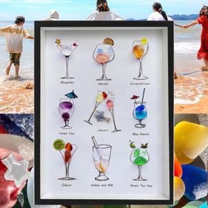 MEAKEO Sea Glass Cocktail Wall Art with Frame,Handmade Seaglass Wine Glass Art,Beach Glass Friendship Gift for Home Decor,and Gift Ideas