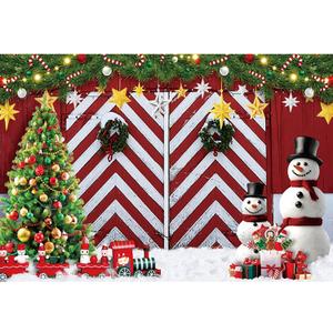 deFouliao Christmas Backdrop Winter Red Barn Door Xmas Tree Snowman Little Train Christmas Decor Gifts Photography Backgound for Family Holiday Party Photo Studio Props, 7x5ft