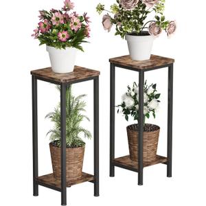 Homeiju 2-Pack Plant Stand Indoor, 2 Tier Wood Corner Plant Stand, Modern Square Plant Shelf Flower Stand for Living Room Patio Balcony Garden, Rustic Brown