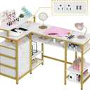 DWVO L Shape Nail Desk for Nail Tech - Spacious Manicure Table with Built-in Charging Station, Marbling Texture Manicure Station for Home, Beauty Salon Spa (White)