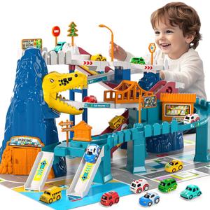Dinosaur Race Car Tracks for Toddlers 2-4 Years, Dinosaur Climbing Hills Railcar, Toy Car Track Play Set with 7 Small Race Cars, Preschool Birthday Gifts for 3 4 5 6 7 8 Year Old Boys Girls