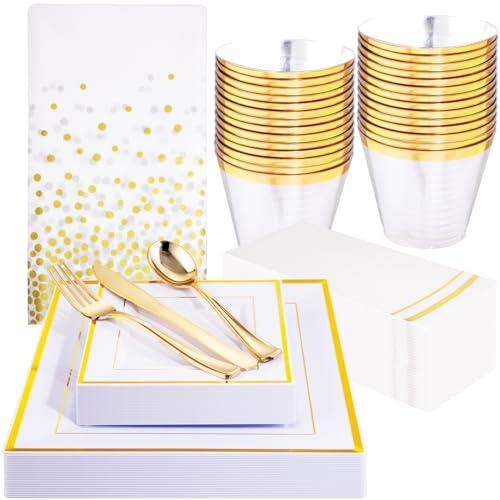 Festiva 176Pcs Gold Plates Disposable - Square Party Plates Dinnerware Sets :Dinner&Dessert Plates, Cups, Plastic Cutlery, Hand Napkins for Party&Wedding&Christmas&New Year