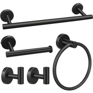 5pcs Bathroom Hardware Set, Matte Black Bathroom Hardware Set, Including 16" Hand Towel Bars, Toilet Paper Holders, Towel Rings, Robe Towel Hooks