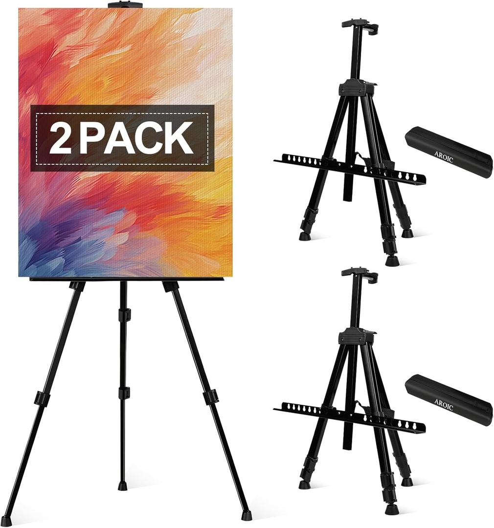 AROIC Art Painting Artist Easel Stand, Painting Display Easel Stand,Portable Adjustable Iron Tripod Display Stand with Bag, Height from 20 to 66 in for Table-Top/Floor Drawing and Displaying(2 Pack), Black