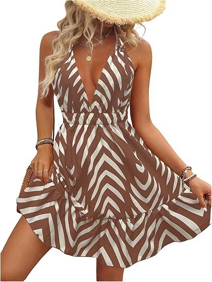 SOLY HUX Women's Allover Print Summer Dress Halter Deep V Neck Ruffle Hem Short Dresses Khaki Chevron, Large