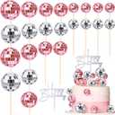 Teenyyou 24 Pcs Disco Ball Cupcake Toppers Happy Birthday Cake Topper 1970s Retro Cake Decorations Shiny Pink Mini Disco Ball Toppers for 70s 80s Theme Party Supplies(Pink and Silver)