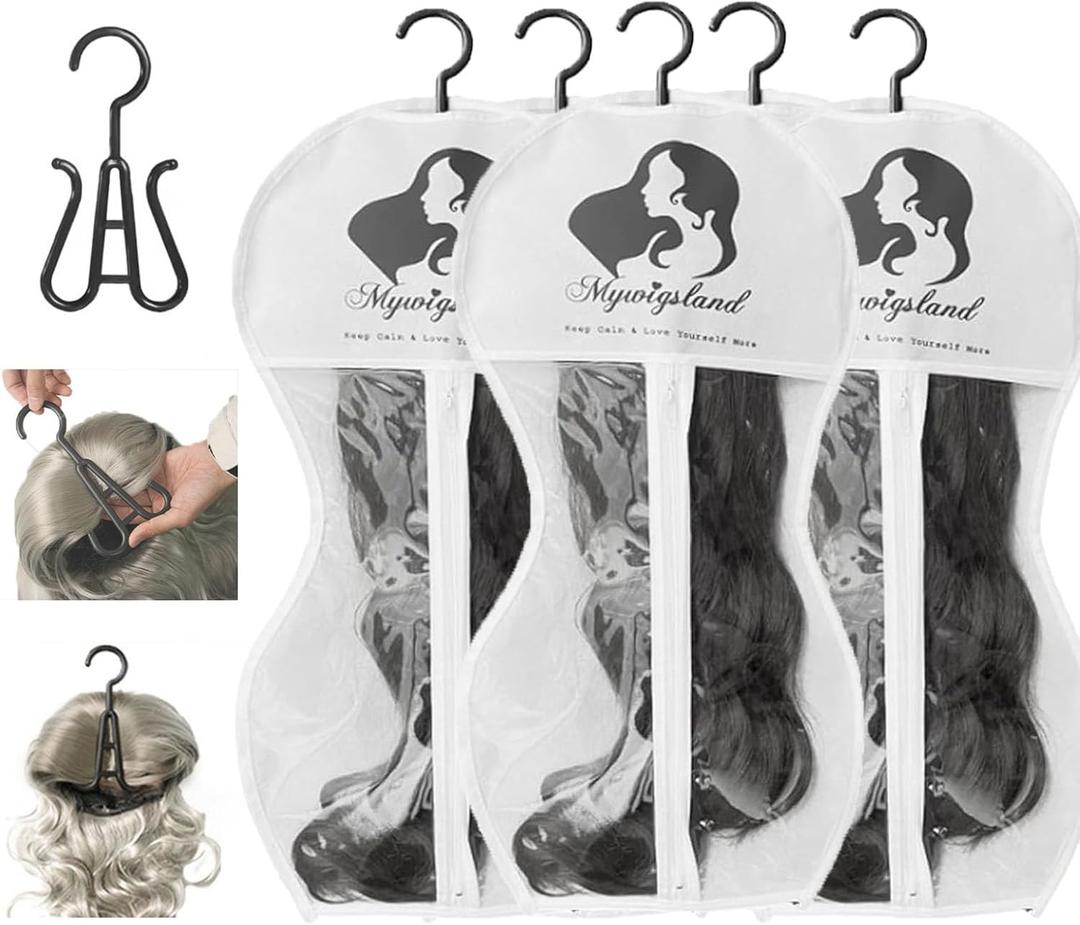 Wig Storage Bag with Hanger, 5-Pack Hourglass-Shaped Dust-Proof Organizer with Clear Window - for Long Synthetic & Human Hair Wigs, Travel & Home Closet Storage Solution (4 Colors) (White)
