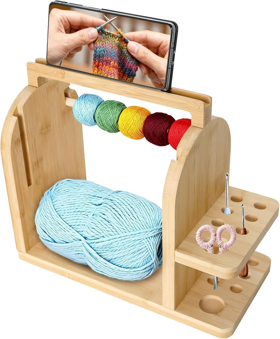 Aolamegs Yarn Holder for Crochet and Knitting, Bamboo Wooden Yarn Spinner Storage Organizer for Crocheting Accessories,with Anti-Slip Pads, Works with Skein, Cake, Ball