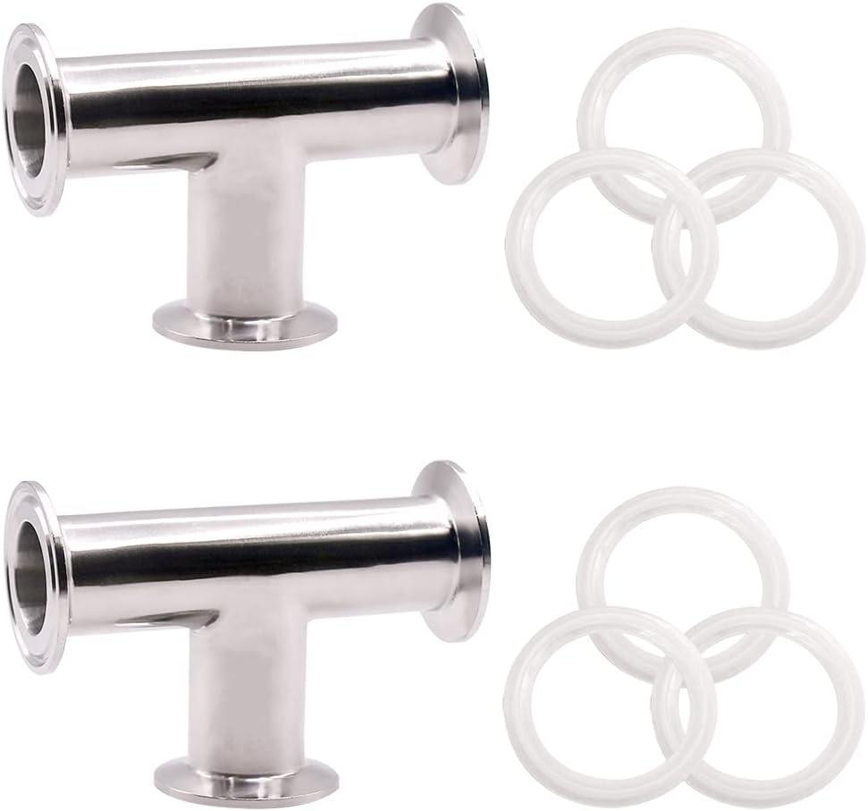 DERNORD 2 Pack Clamp Tee 3 Way SS304 with 6 Silicone Gaskets Fits 1.5" Tri Clamp, 38mm Pipe OD Sanitary Fittings(1.5 inch)