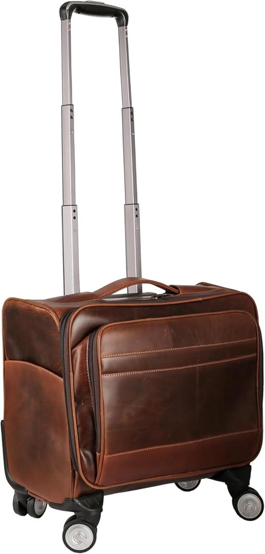 KomalC Leather Rolling Briefcase for Men – Wheeled Laptop Bag with 21” Trolley Handle, Premium Buffalo Leather Business Travel Case, 16 Inch