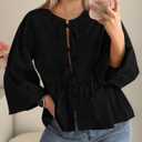 PRETTYGARDEN Women's Spring Fall Babydoll Peplum Blouse Shirt Puff Long Sleeve Bow Tie Front Trendy Cute Y2K Going Out Tops (Black, L)