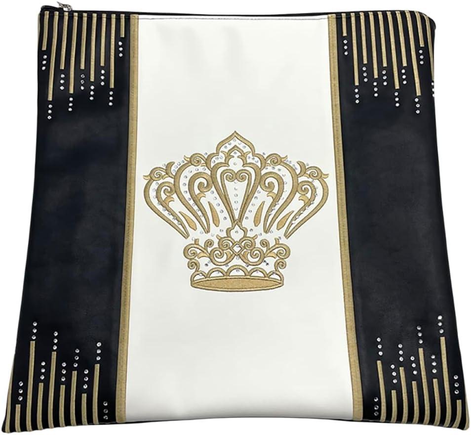 Jewish Tallit Bag with Gold Crown Embroidery, Black and White with Rhinestone Accents, Zippered Tallis Storage Pouch