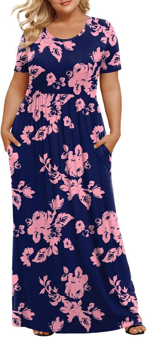 LONGYUAN Women's Plus Size Maxi Dresses for Curvy Women Summer Short Sleeve Casual 2026 Long Dress, Size: XX-Large