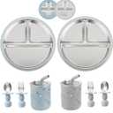 3 x PandaEar Stainless Steel Baby Feeding Set | 2 Divided Suction Plates, 2 Spill-Proof Straw Cups with Silicone Sleeves, 2 Forks & 2 Spoons | Toddler Utensils for Baby Led Weaning, BPA-Free (Blue & Grey)