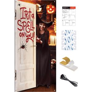 Halloween Front Door Witch Banner, 35.4" x 78" Fabric Door Cover with I Put a Spell on You, Photo-Ready Trick-or-Treat Porch Decoration